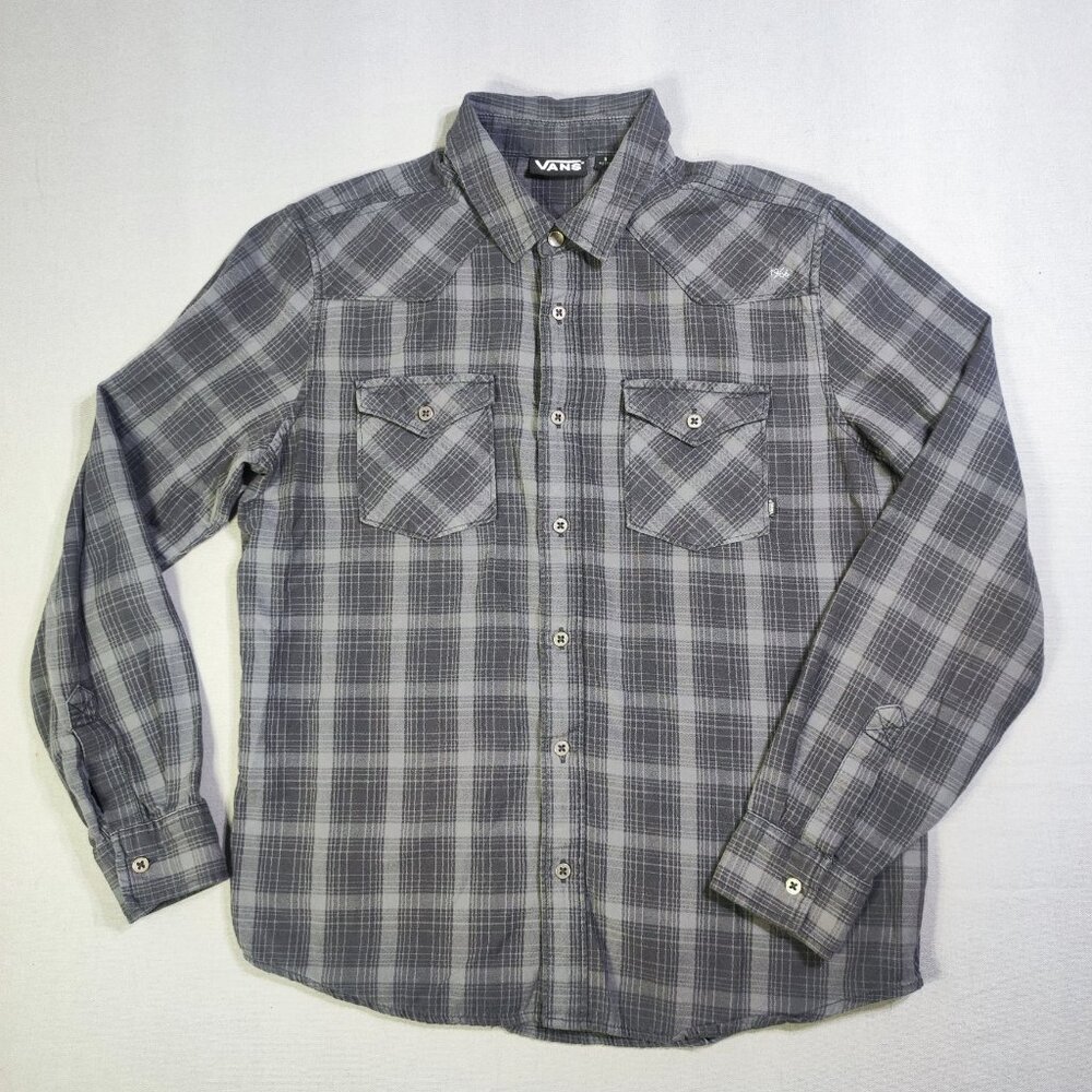 Vans casual button down shirt men's size S grey checkered pattern long sleeve